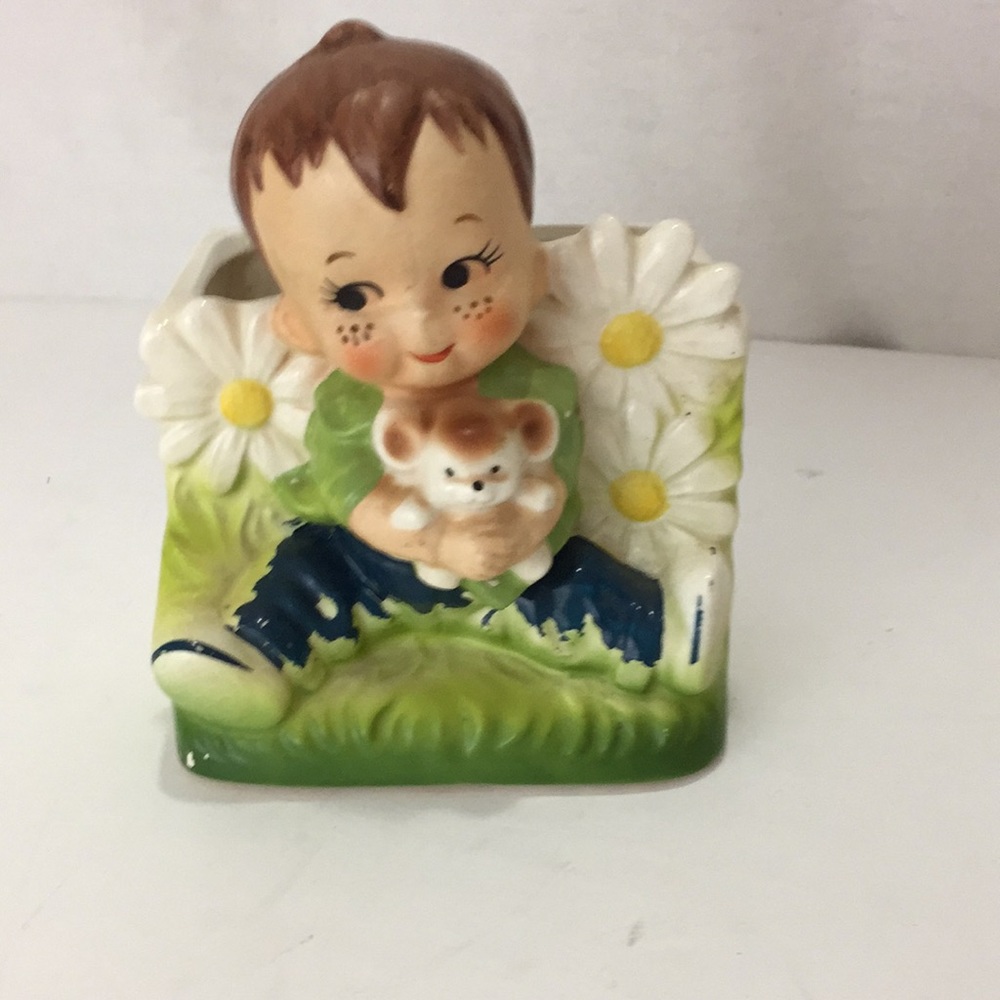 Vintage Boy with Daisies Holding Mouse Vase